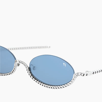Sunglasses with blue lenses and a thin chain
