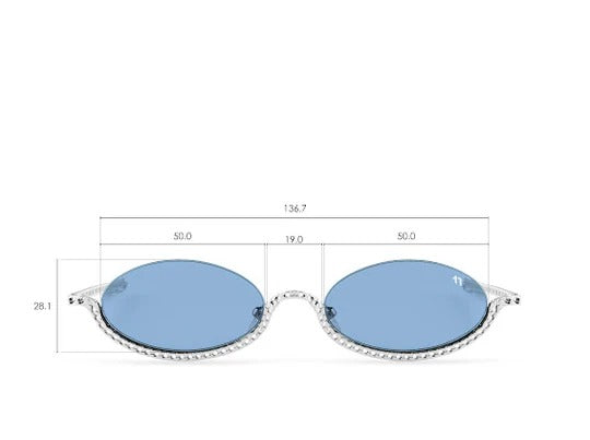 Sunglasses with blue lenses and a thin chain