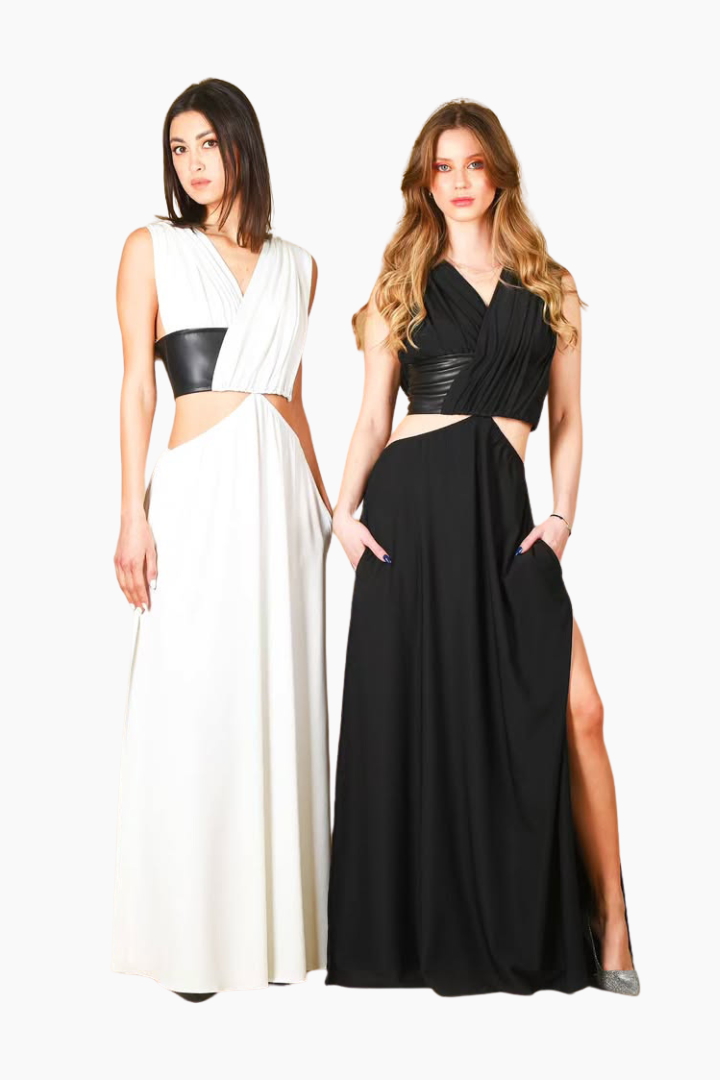 Two women wearing black and white evening gowns on a white background