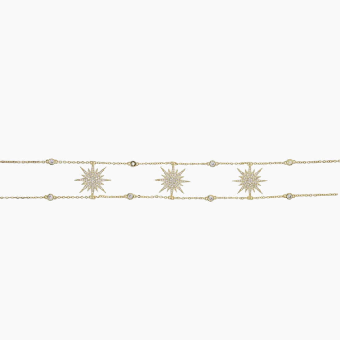 Gold bracelet with star-shaped charms on a white background