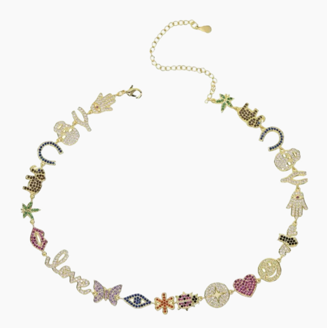Decorative necklace with various charms on a white background