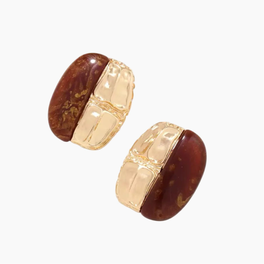 Pair of earrings with gold and brown stones on a white background