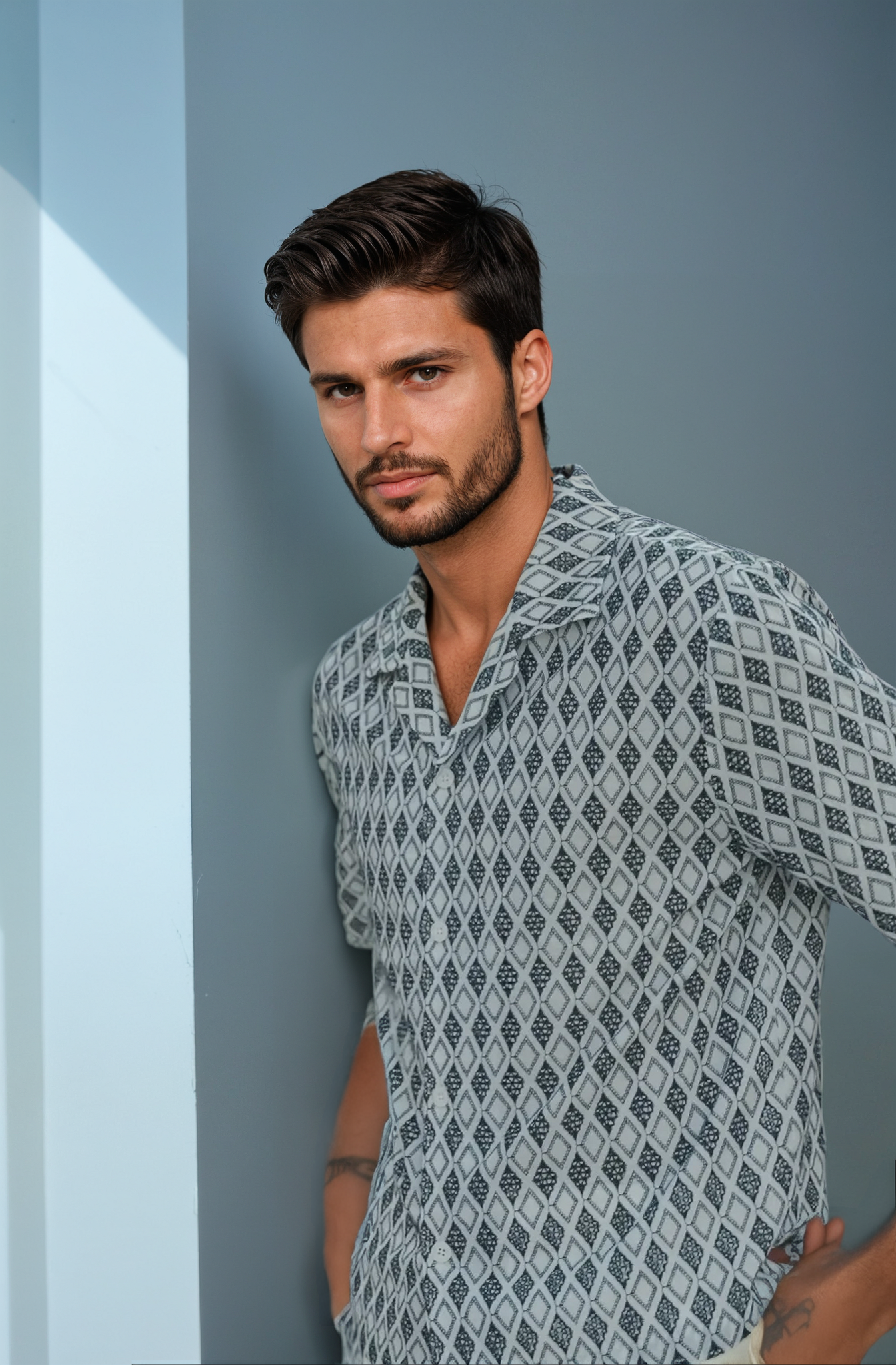 Man wearing a patterned shirt