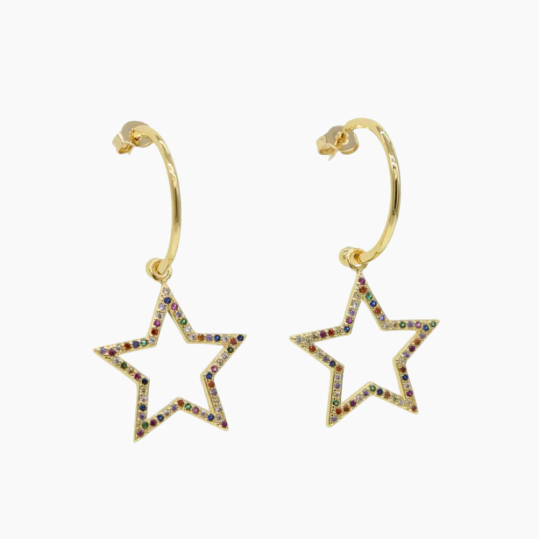 Star-shaped earrings with colorful gemstones on a white background