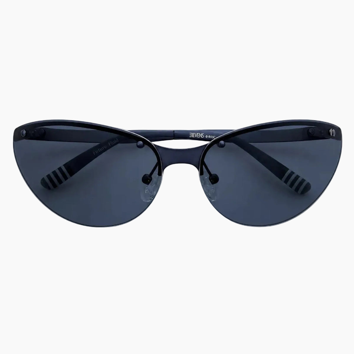 A pair of cat-eye sunglasses with dark blue-gray tinted lenses and a thin black metal frame, shown against a plain light gray background.