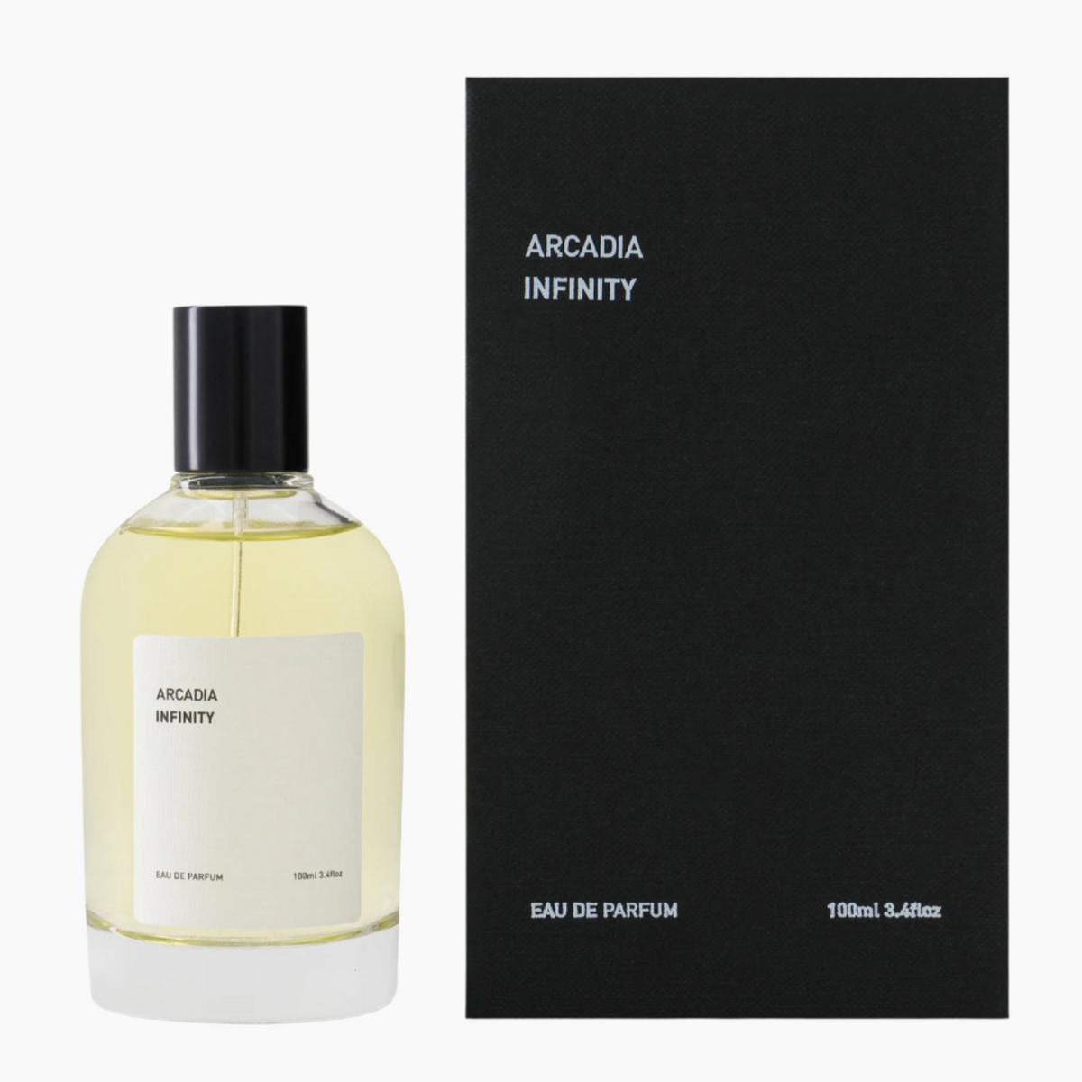 Perfume bottle labeled 'Arcadia Infinity' with images of pineapple, flower, and berries . dry-amber, oud, ambergris, raspberry and sandalwood.