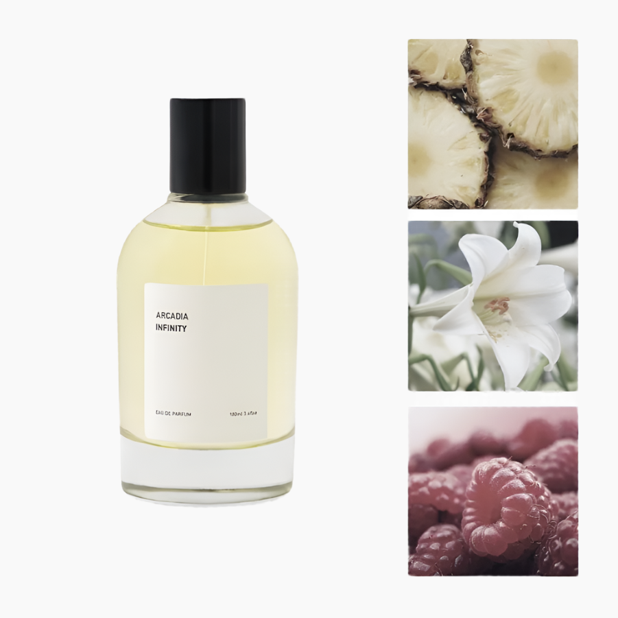Perfume bottle labeled 'Arcadia Infinity' with images of pineapple, flower, and berries . dry-amber, oud, ambergris, raspberry and sandalwood.