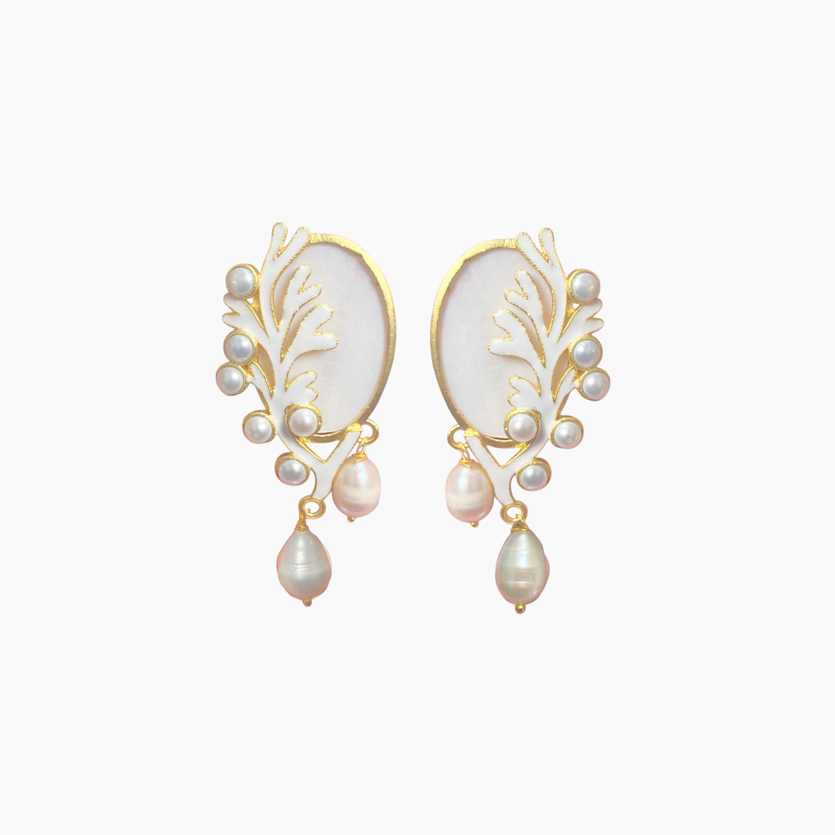 Pair of earrings with gold and pearl design on a white background