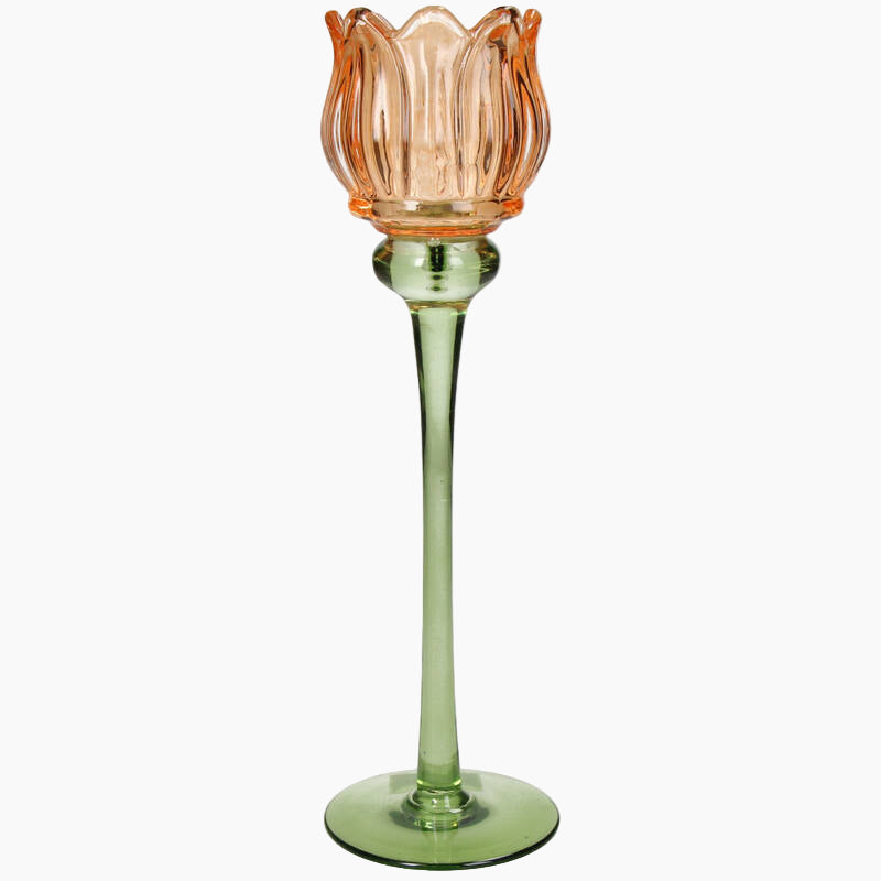 KAL-4208 Candle Holder Flower Glass Orange 8x8x27cm