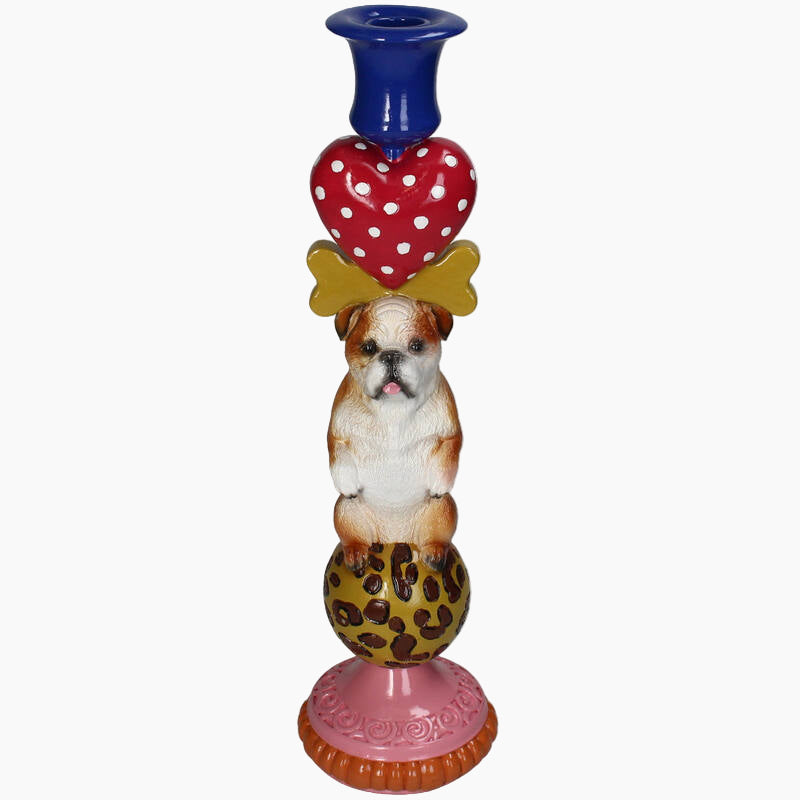 Decorative candle holder with a bulldog design