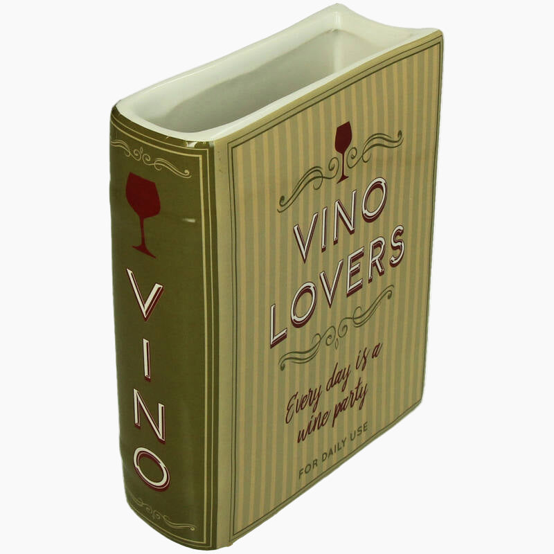 Vino Lovers wine bottle holder with decorative text and design