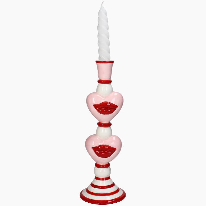 Candle holder with heart design and red lips