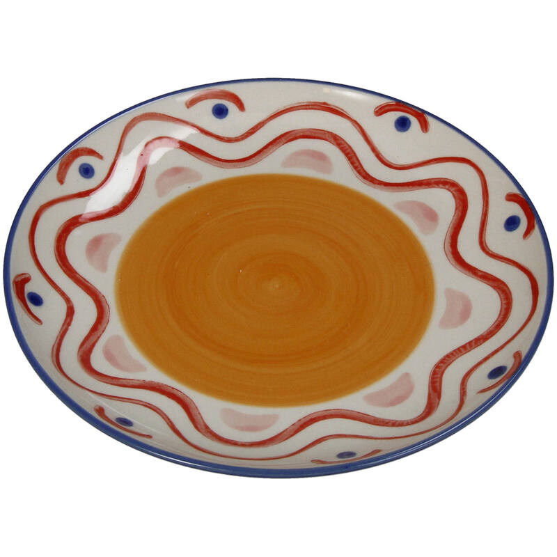 Ceramic plate with orange center and decorative red and blue patterns