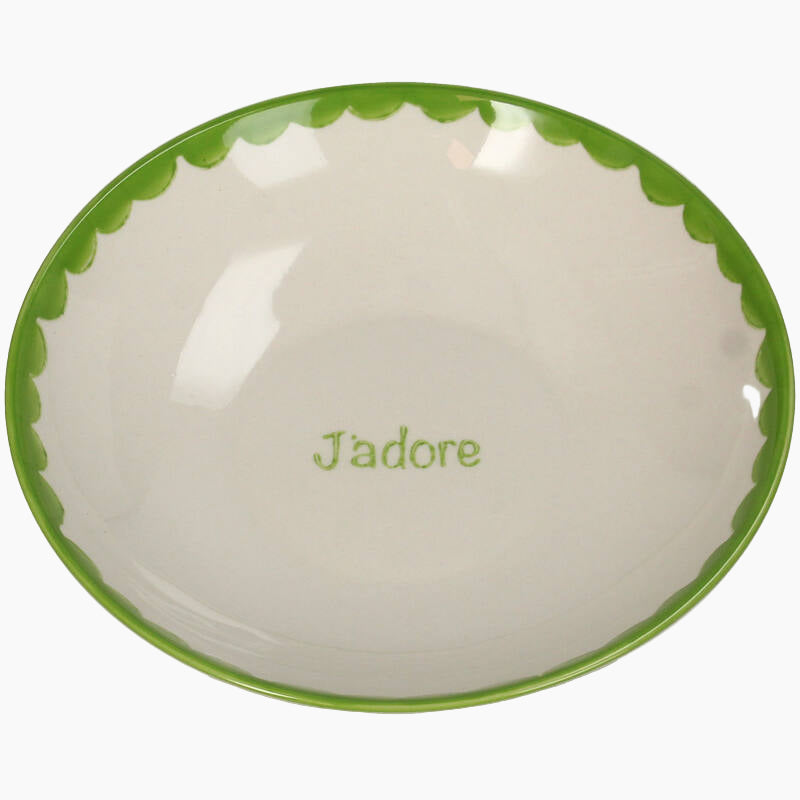 Ceramic bowl with green rim and 'Jadore' text on