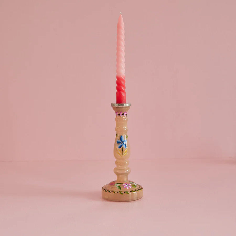 Glass Candle Holder Hand Painted in Dusty Yellow