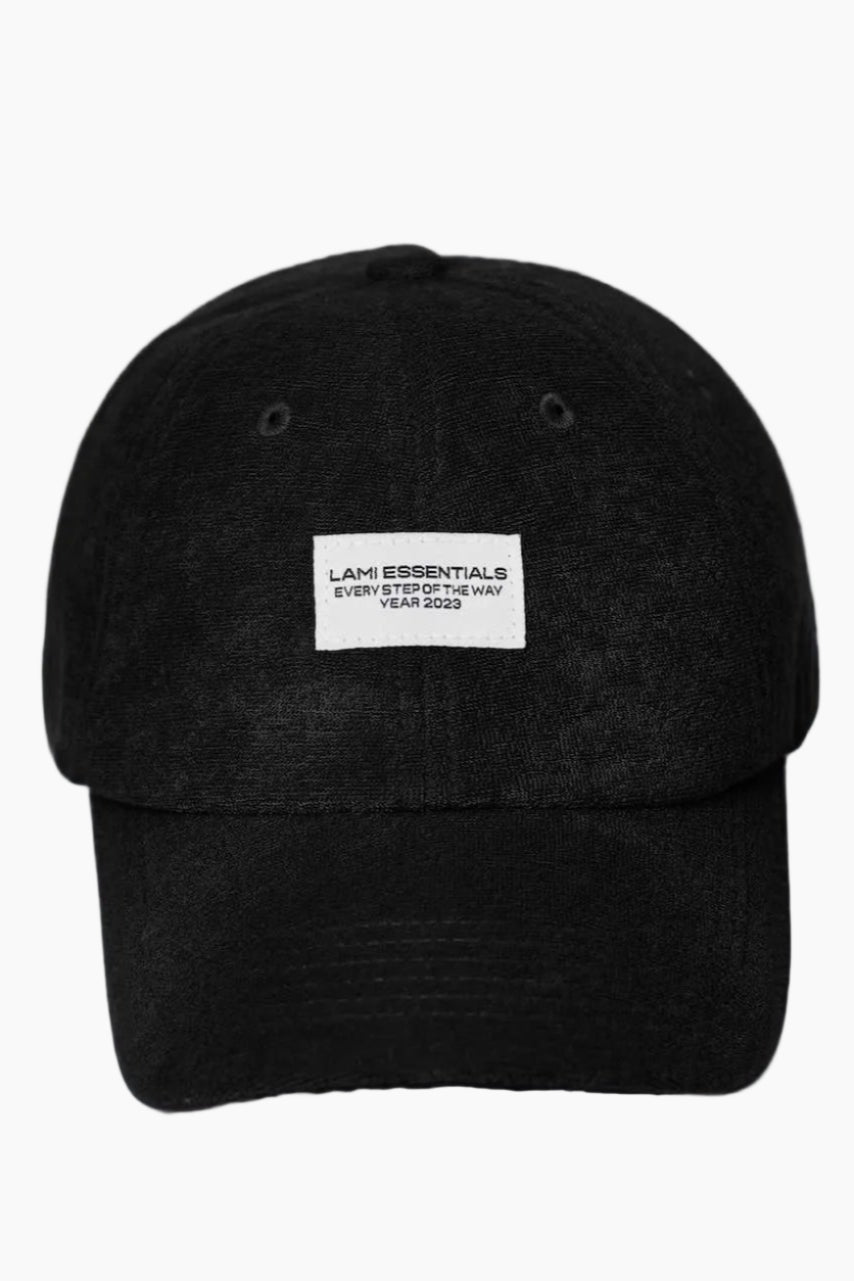 Black cap with a white label