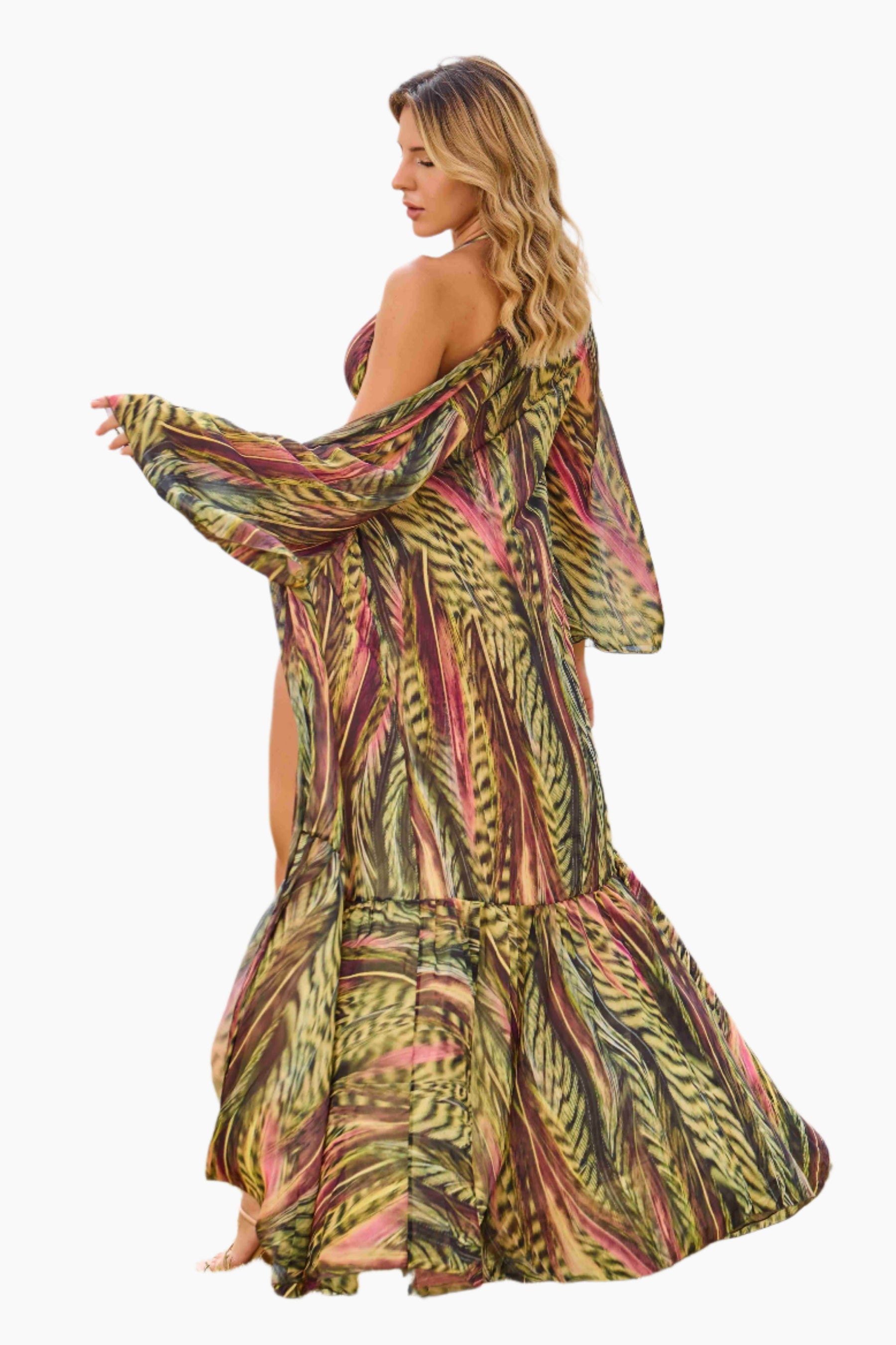 Woman wearing a colorful patterned dress