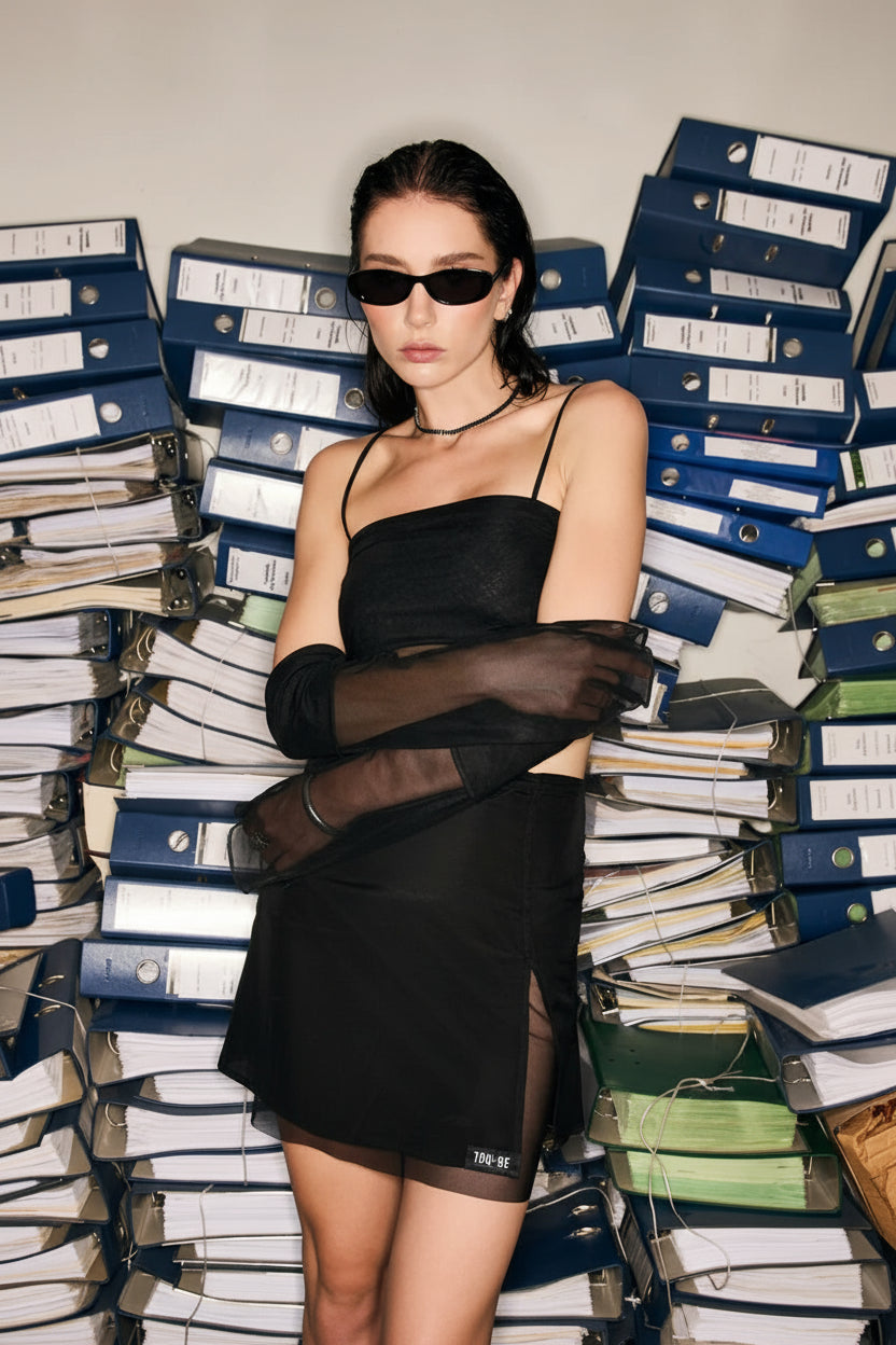 Woman in a black dress and gloves standing amidst stacked books and files.