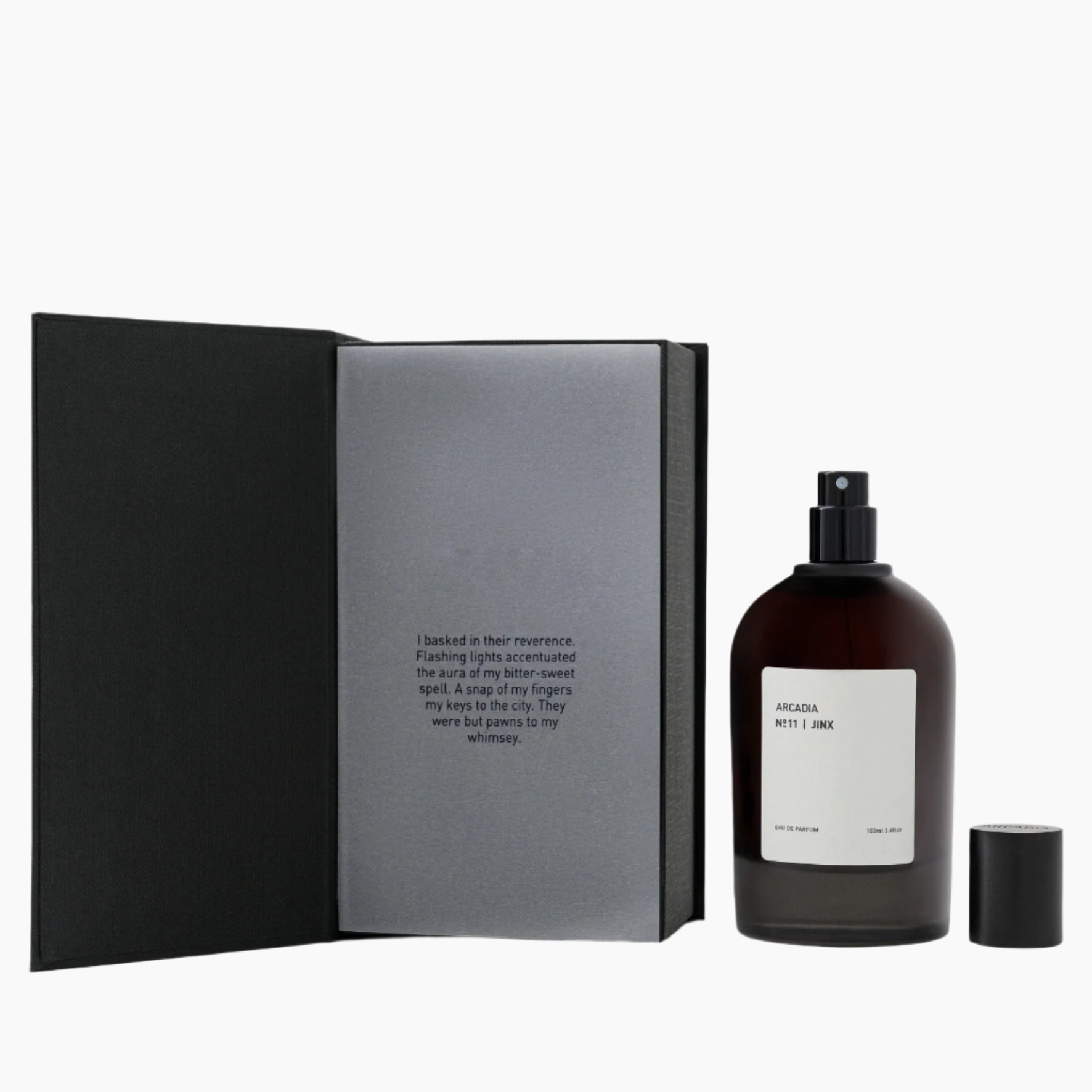 Brown bottle with a label on a white background, surrounded by nature-themed images. mber, musk, incense, tonka beans, cypriol and cambodian oud.