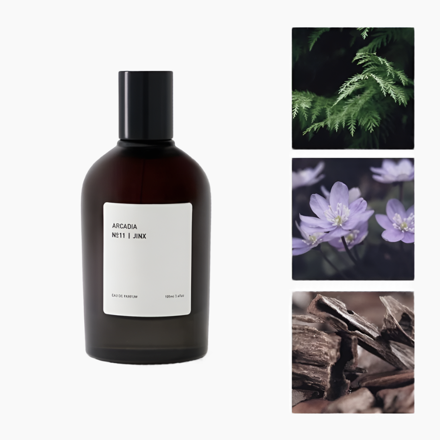 Brown bottle with a label on a white background, surrounded by nature-themed images. mber, musk, incense, tonka beans, cypriol and cambodian oud.