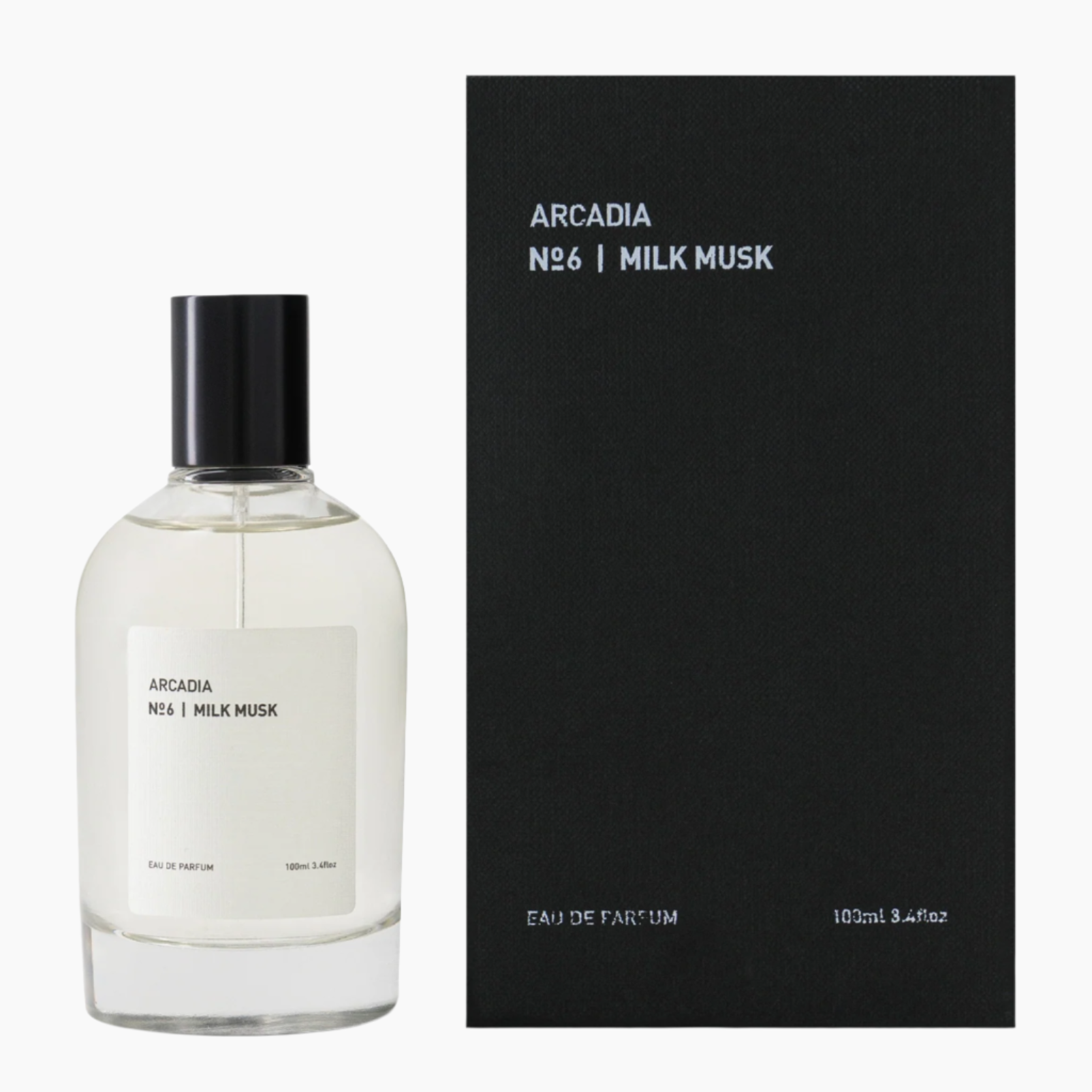 Arcadia No. 26 Milk Musk perfume bottle and packaging . Vanilla, musk, cashmere wood, sandalwood and amber.