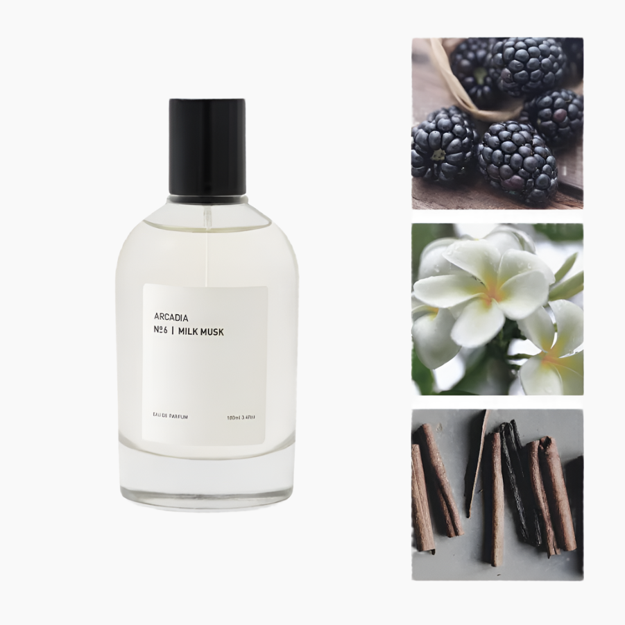 Perfume bottle with black cap and white label, surrounded by images of blackberries, flowers, and cinnamon sticks.anilla, musk, cashmere wood, sandalwood and amber.
