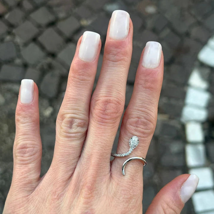 Hand with a silver ring on a blurred background