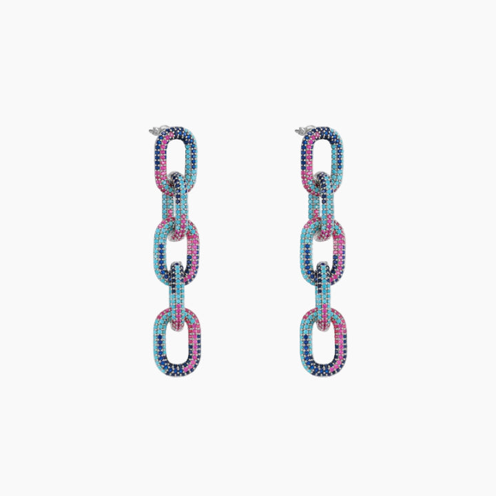 Pair of chain-link earrings with multicolor beads on a white background