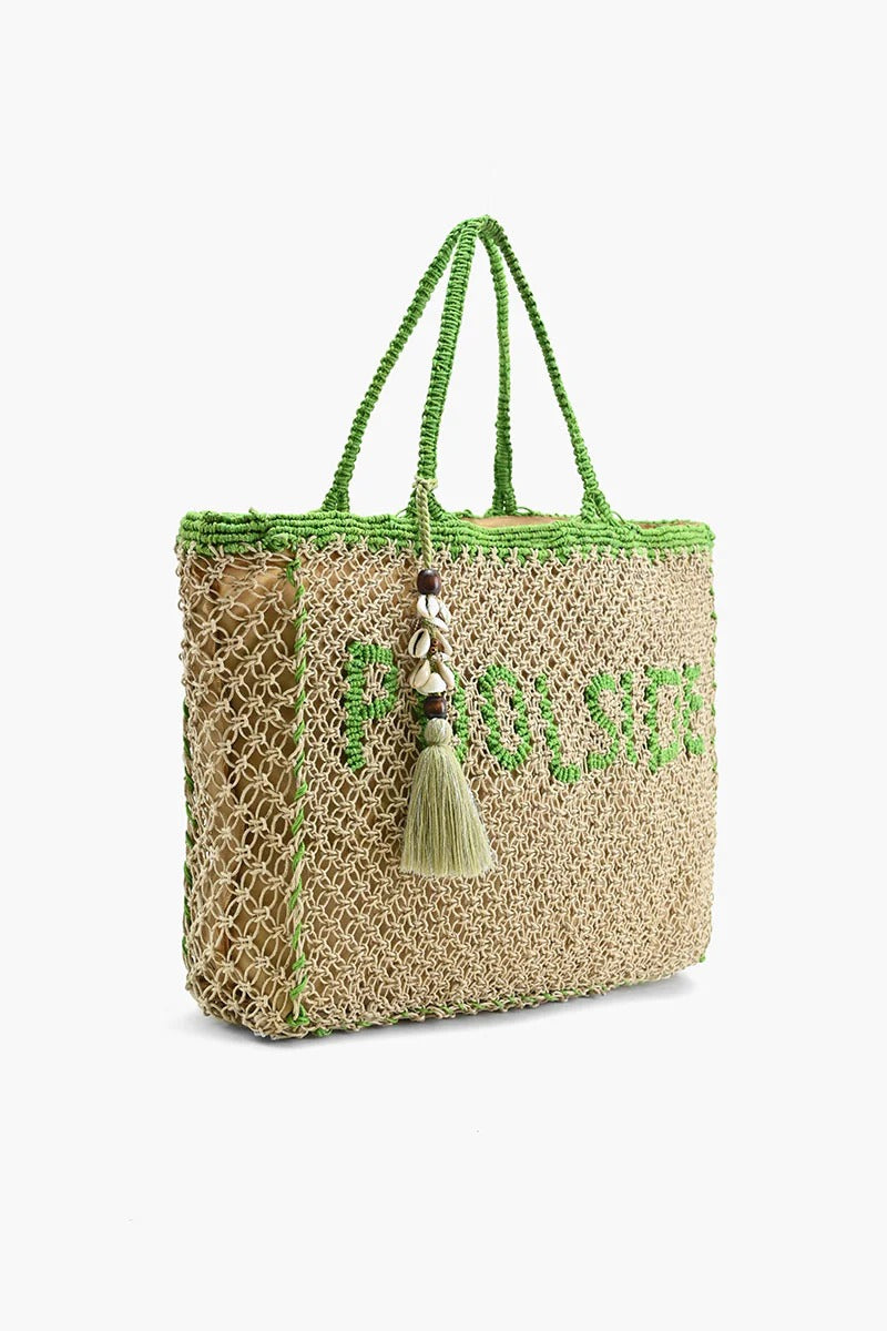 Woven tote bag with green accents