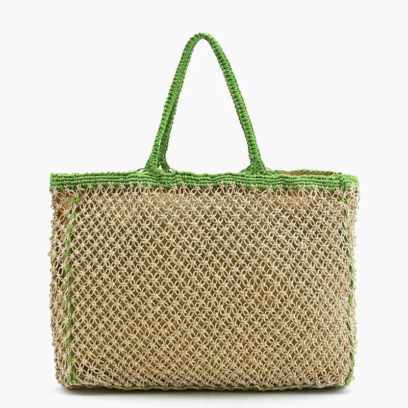Woven tote bag with green accents