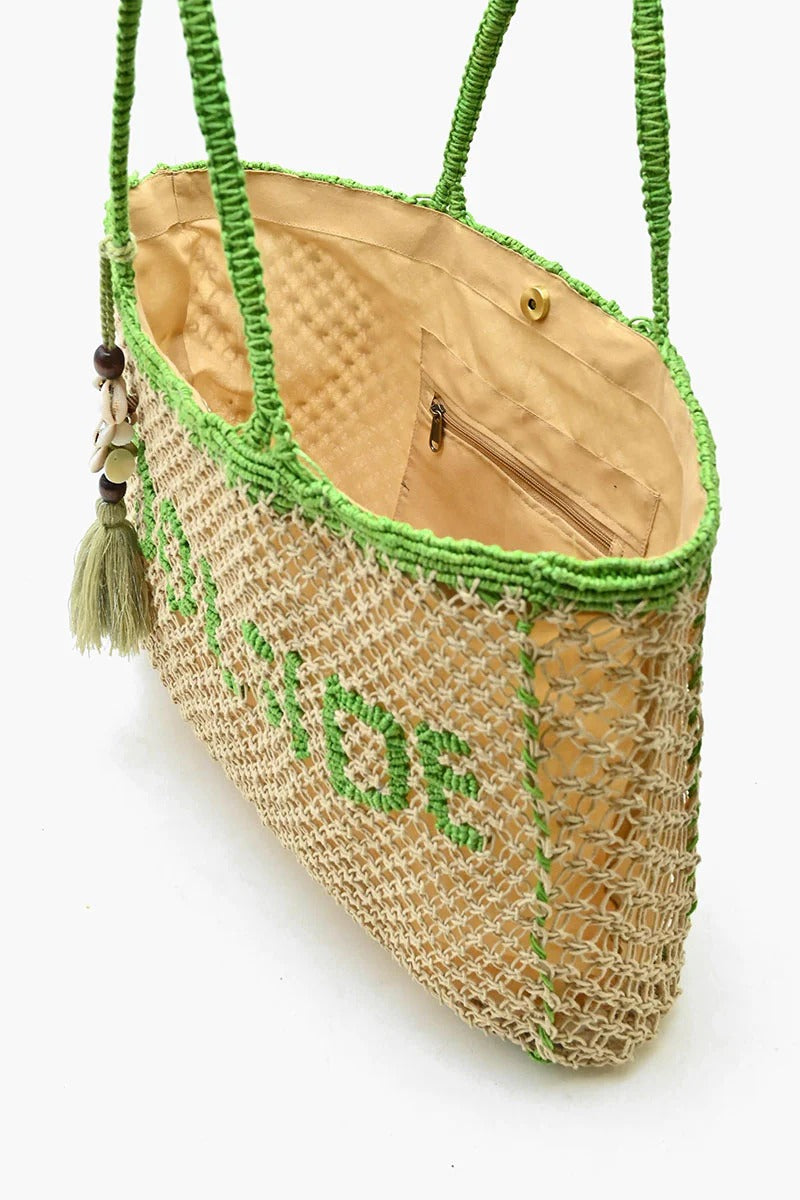 Woven tote bag with green accents