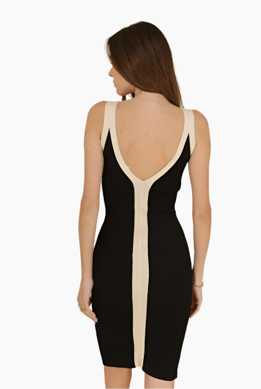 Black and beige dress with a backless design