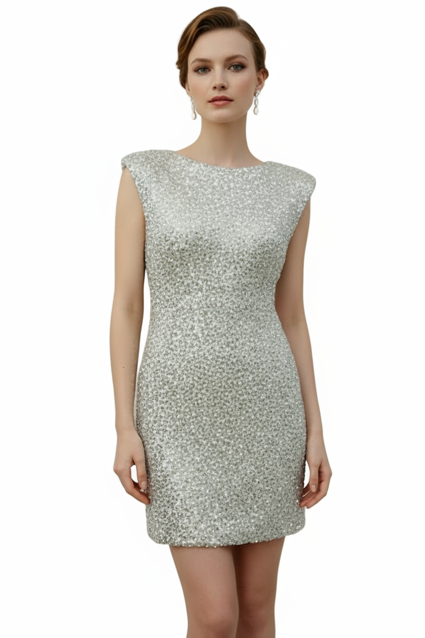 Silver sequin dress worn by a model