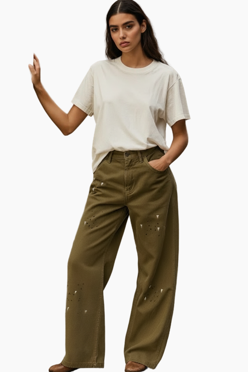 Woman wearing a white t-shirt and olive green pants