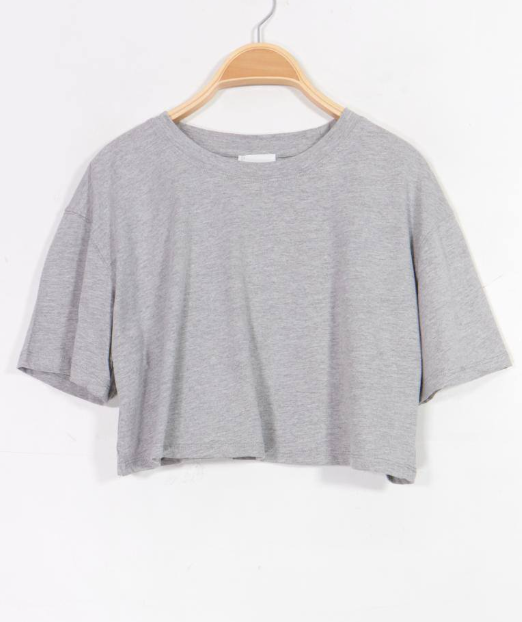Gray crop top on a wooden hanger against a white background