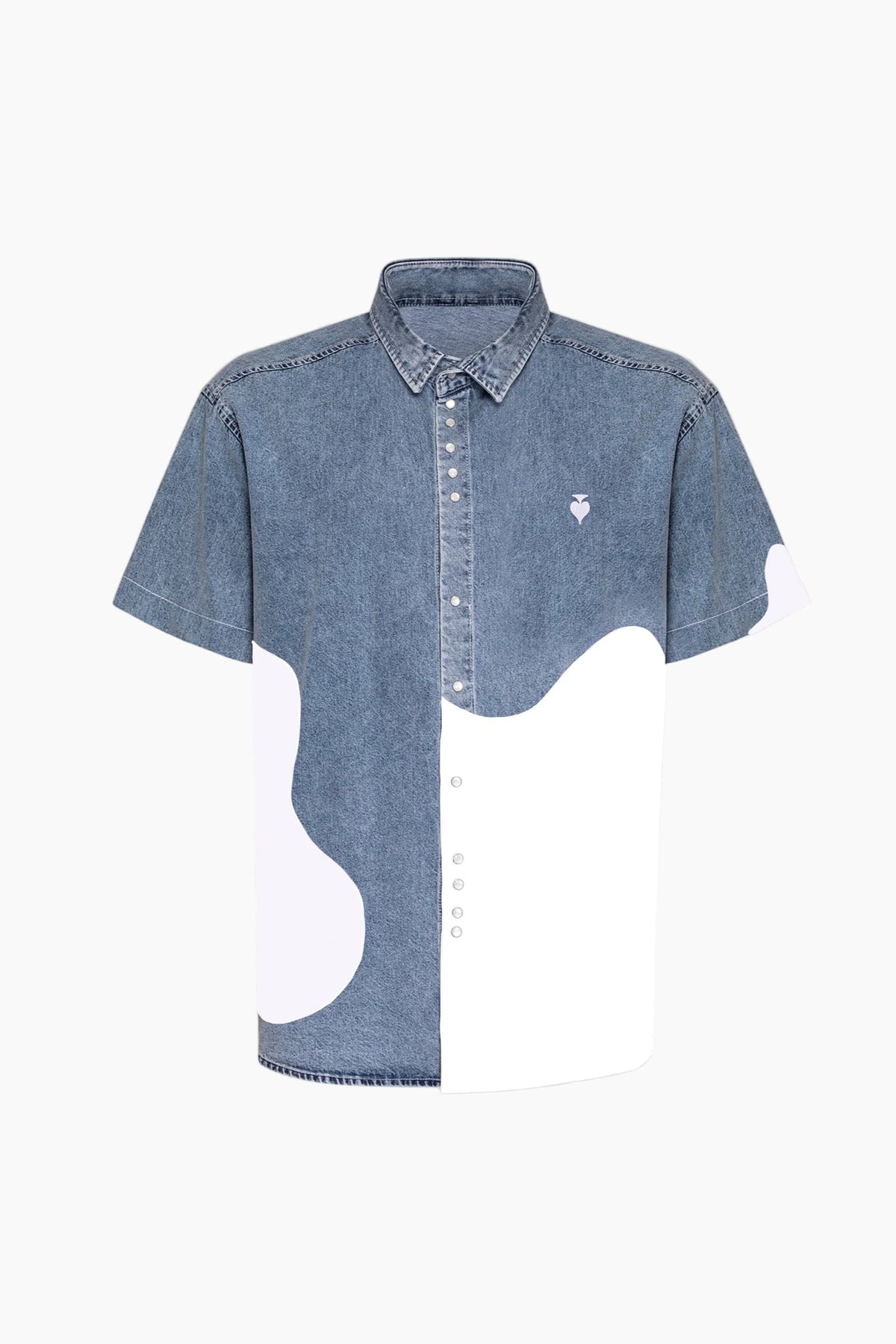 Unisex standard fit half denim - half poplin short sleeve shirt with a handmade spade embroidery on the chest