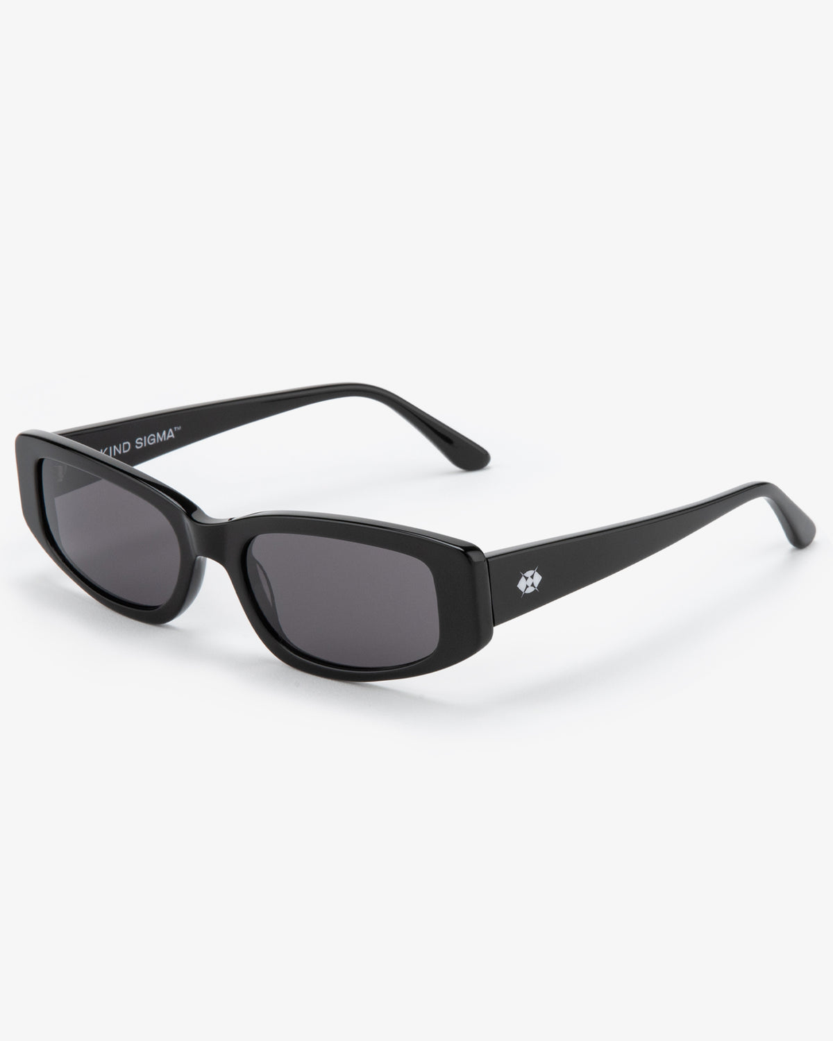 Black sunglasses with a brand logo on a white background