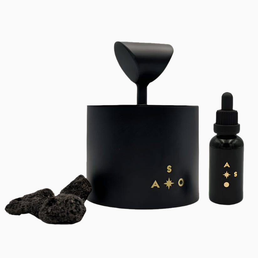 Black Hand-hammered iron vessel
Lava stones
Pure perfume oil 30 ml (alcohol-free)