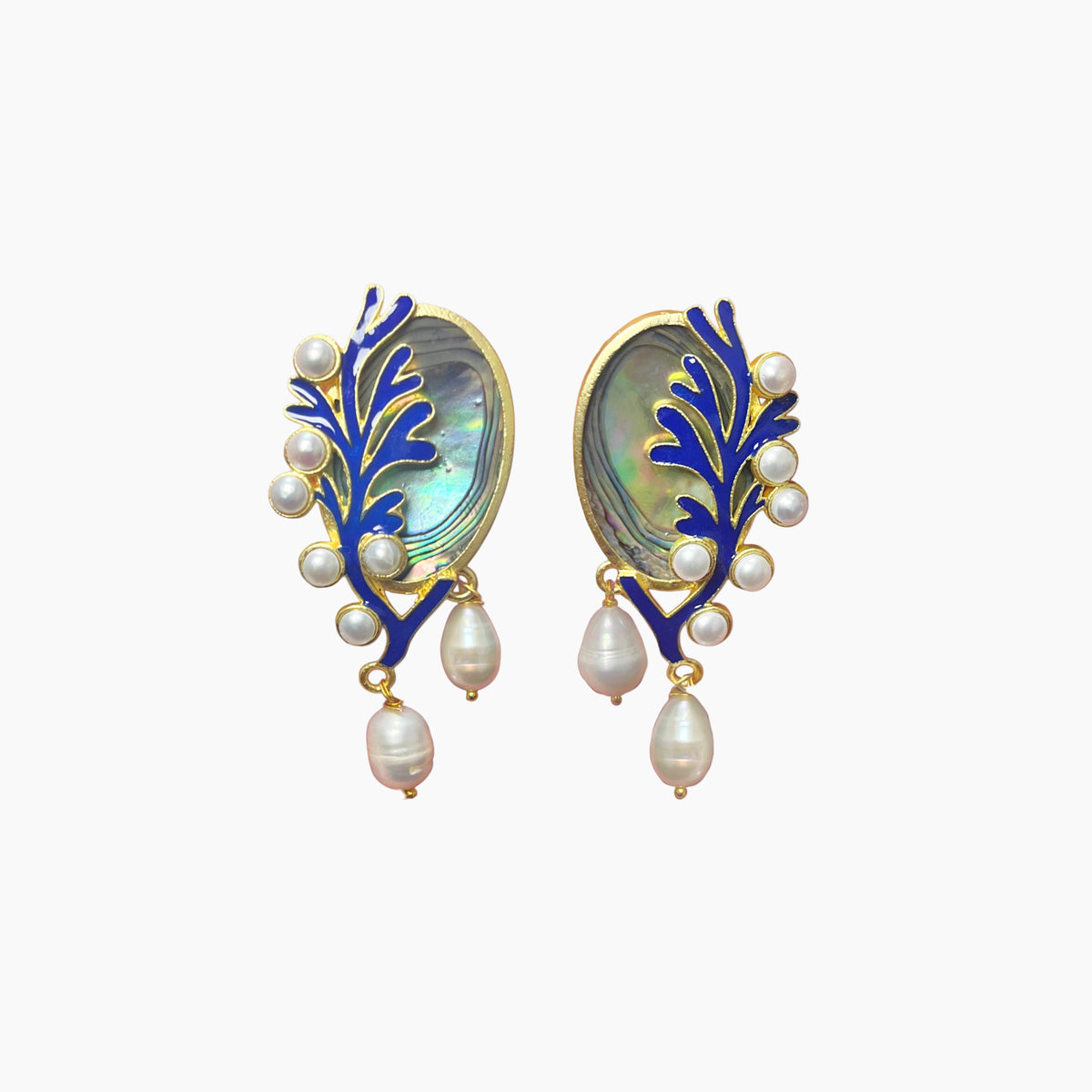 Ornate earrings with blue accents, pearl-like beads, and abalone shell center on a white background