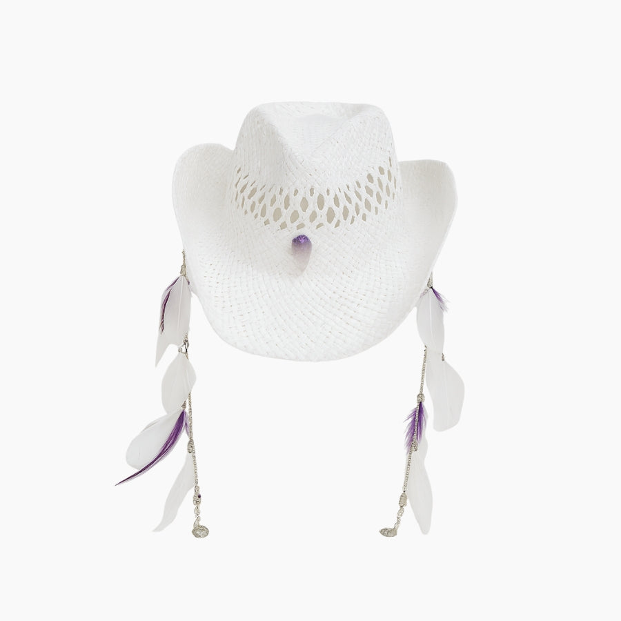 White straw hat with feathers chains