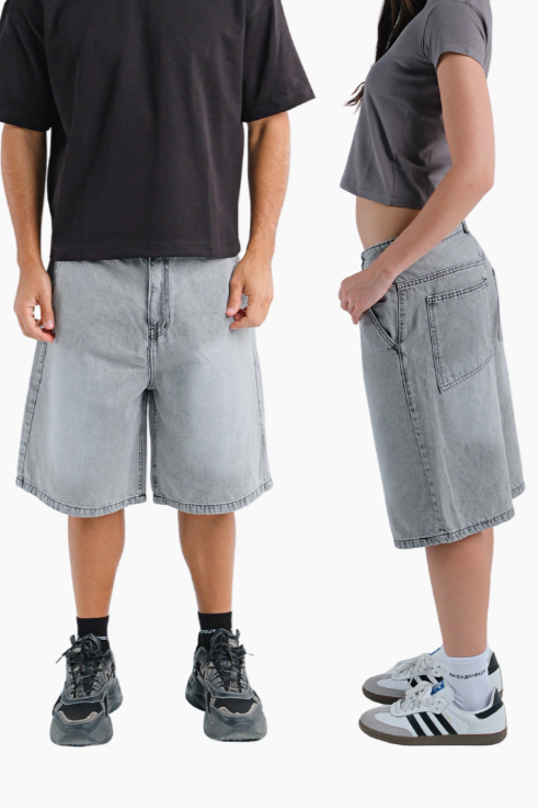 Two people wearing gray shorts