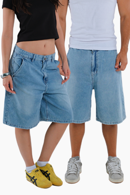 Two people wearing blue denim shorts