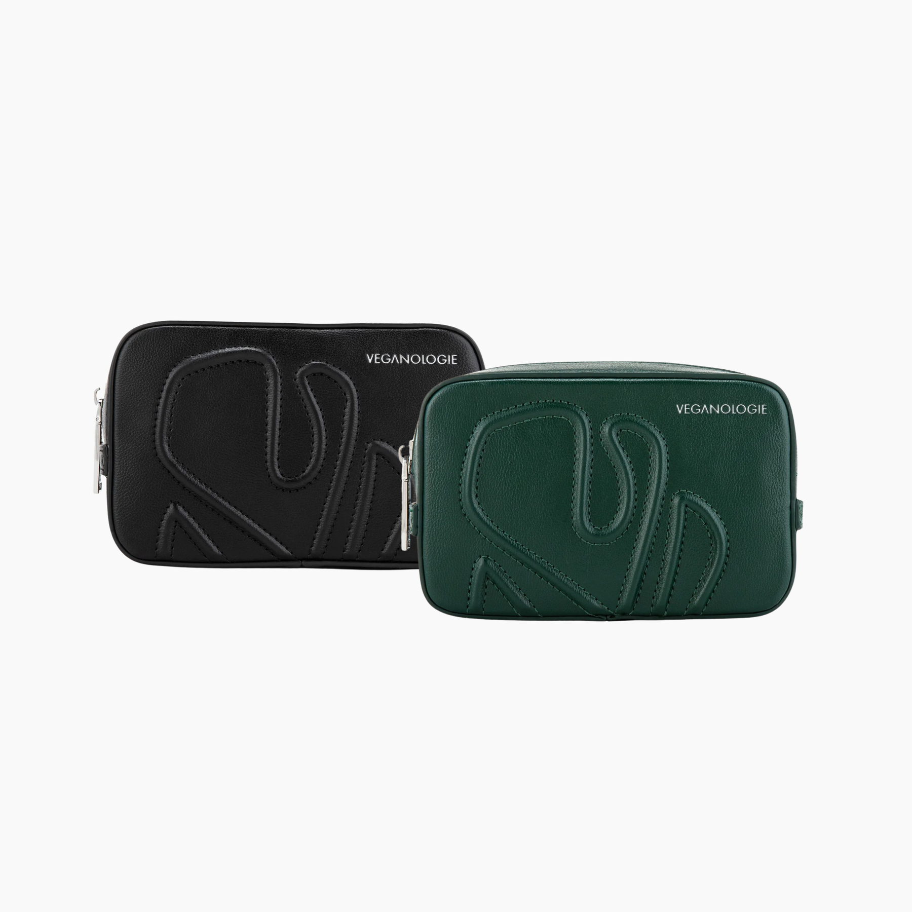 Two makeup bags, one black and one green, with 'VEGANOLOGIE' branding on a white background.