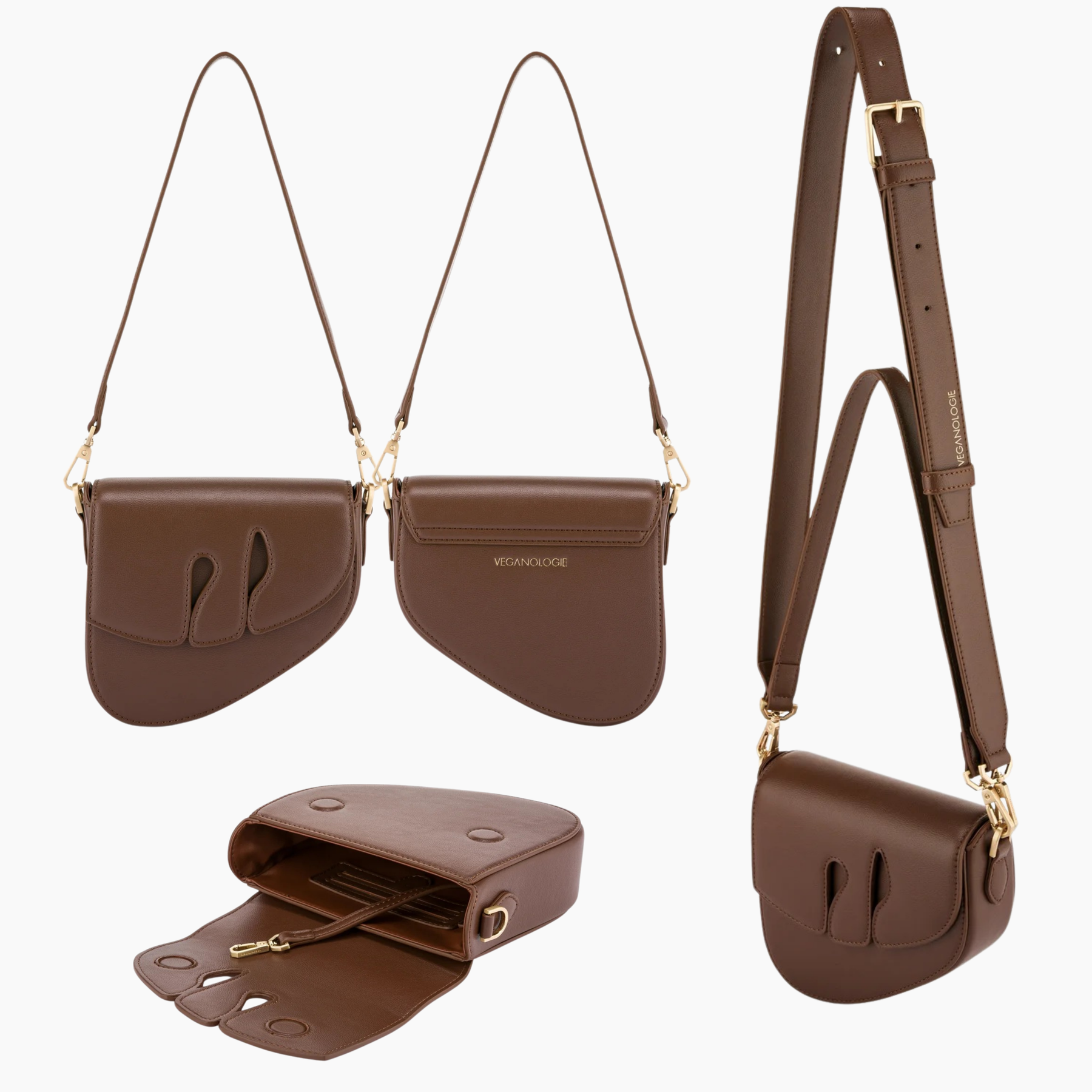 Brown handbag with gold accents on a white background