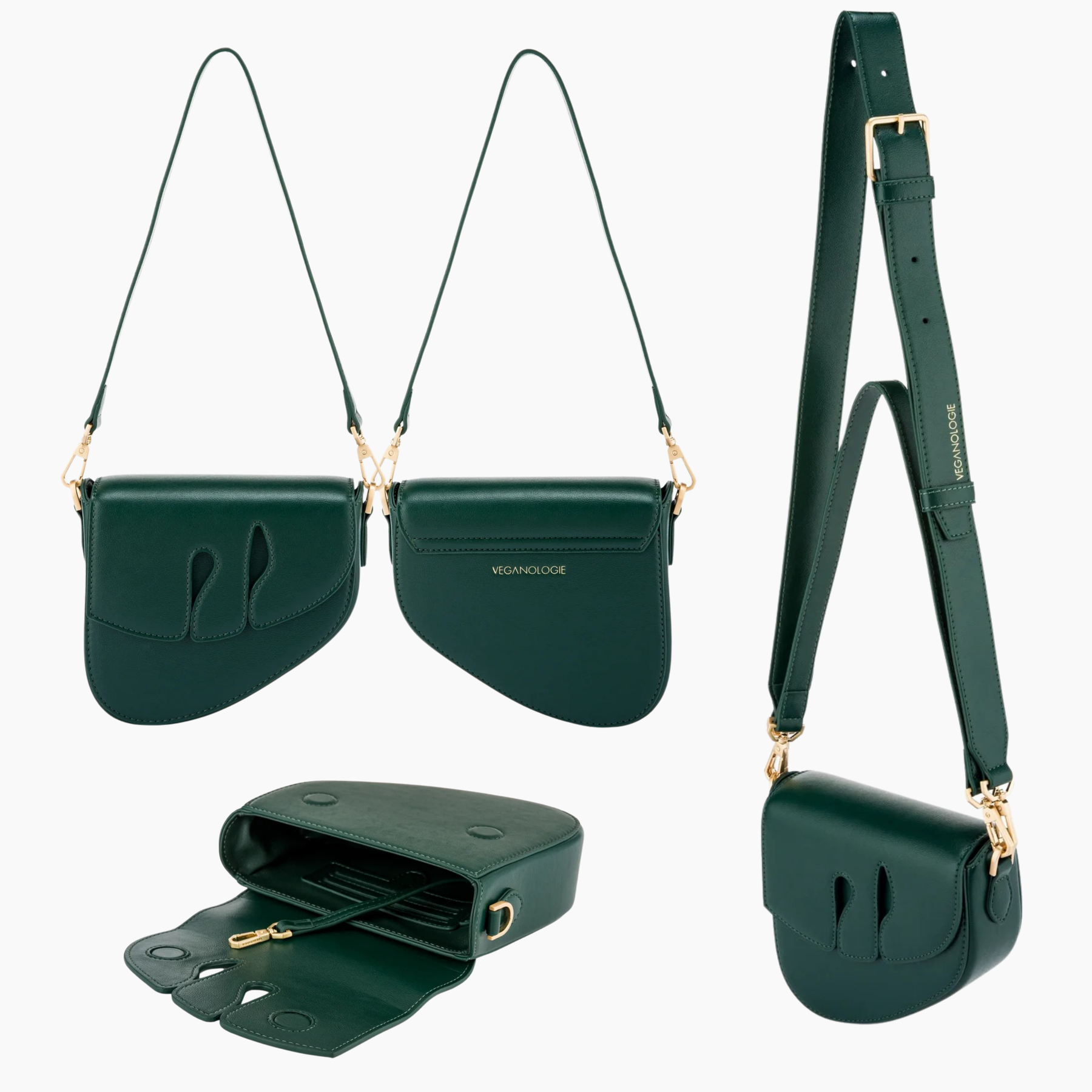 Green handbag with adjustable strap on a white background