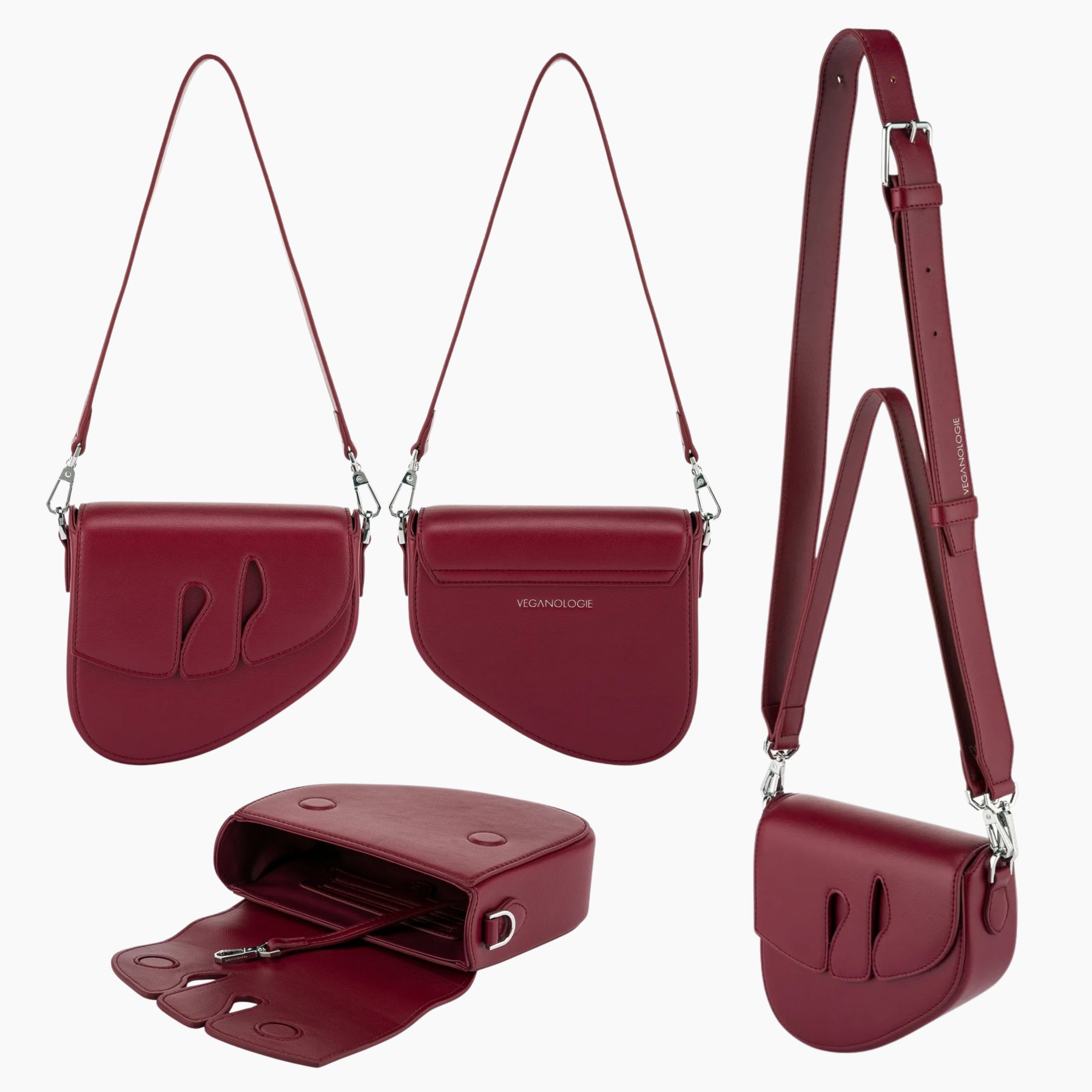 Red handbag with multiple angles on a white background