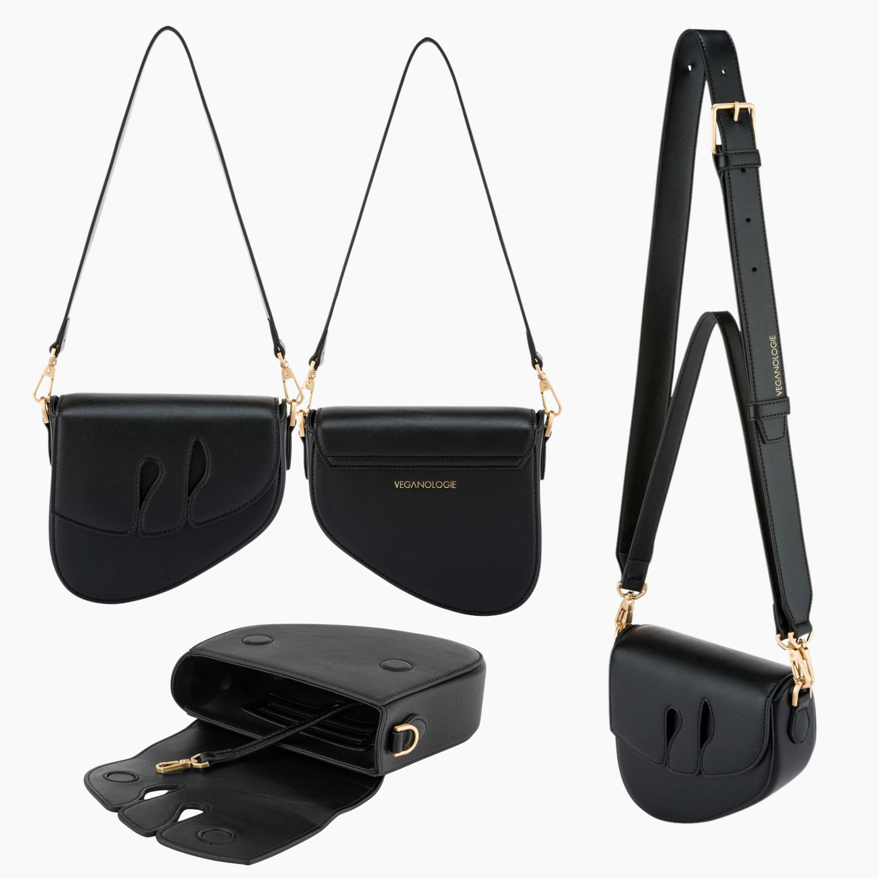 Black handbag with gold accents on a white background