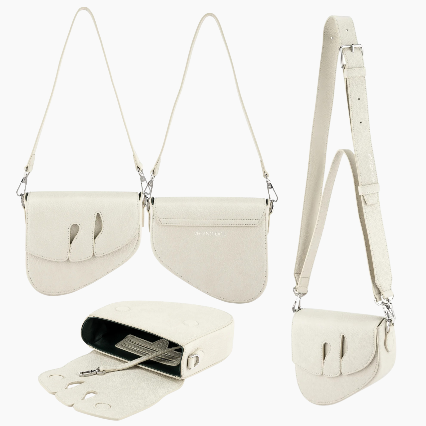Set of cream-colored handbags with various straps on a white background