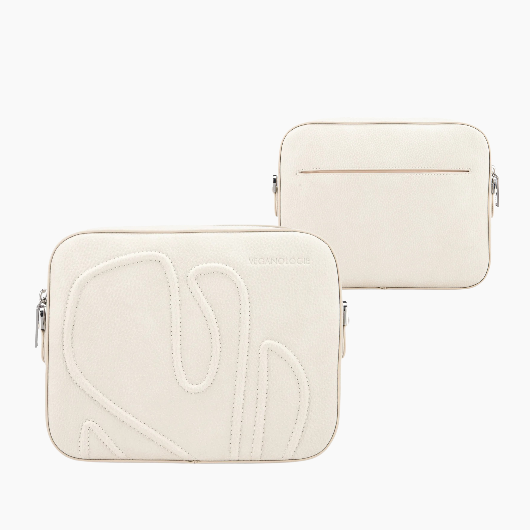 Two cream-colored pouches with a heart design on a white background