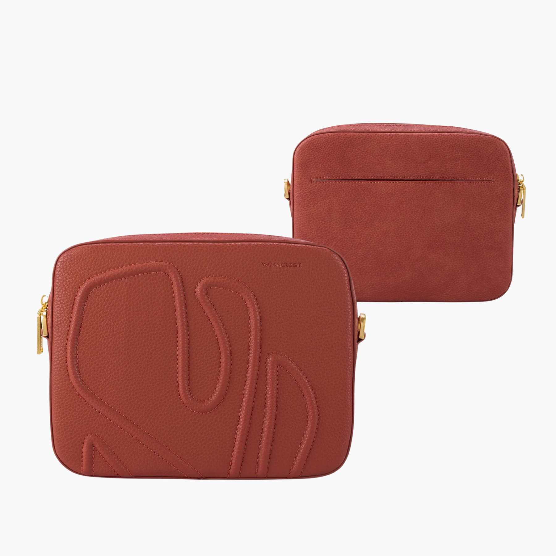Two red handbags with gold accents on a white background